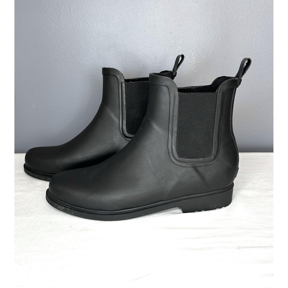 J Crew Rain Boots Womens 7 Black Rubber Chelsea Ankle Pull On Waterproof
